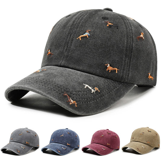 Vintage Distressed Baseball Cap with Puppy Embroidery