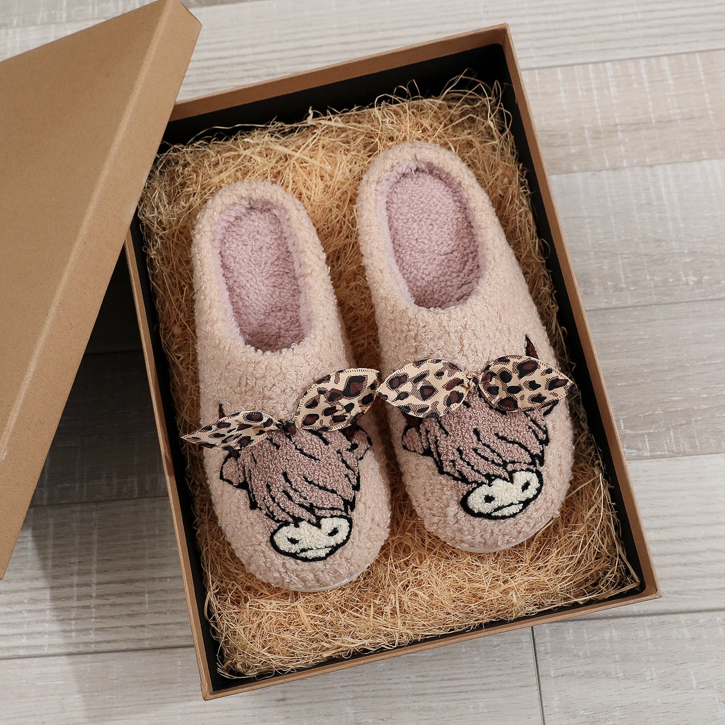 Highland Cow with Leopard Bow Slippers