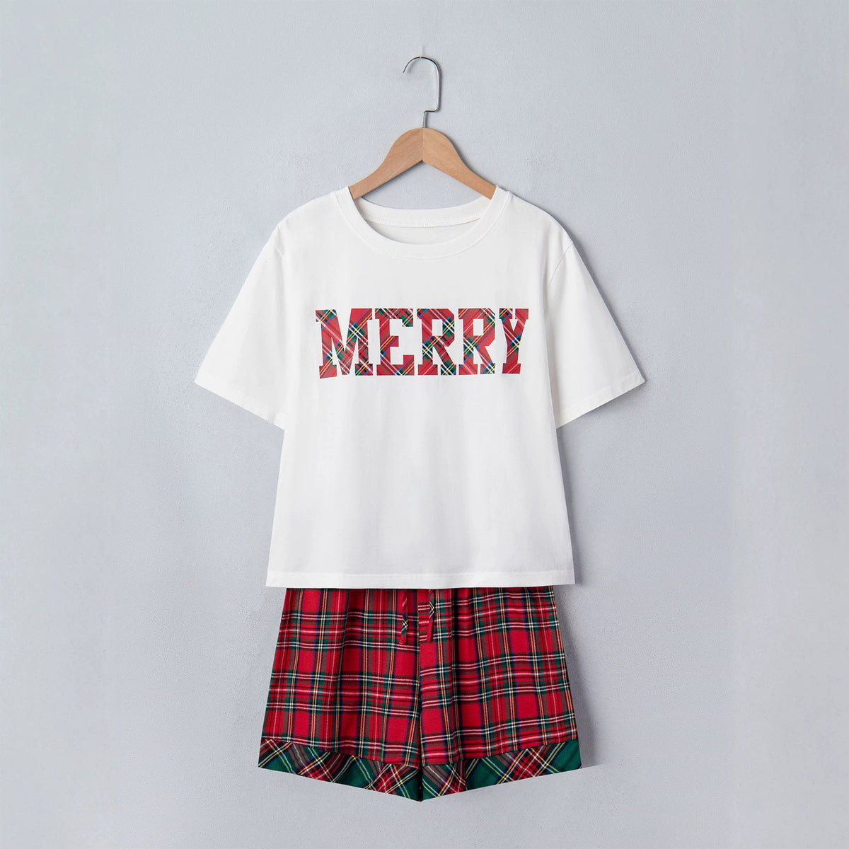 White Plaid Letter Print Short Sleeve Top Elastic Waist Pocket Shorts Lounge Set