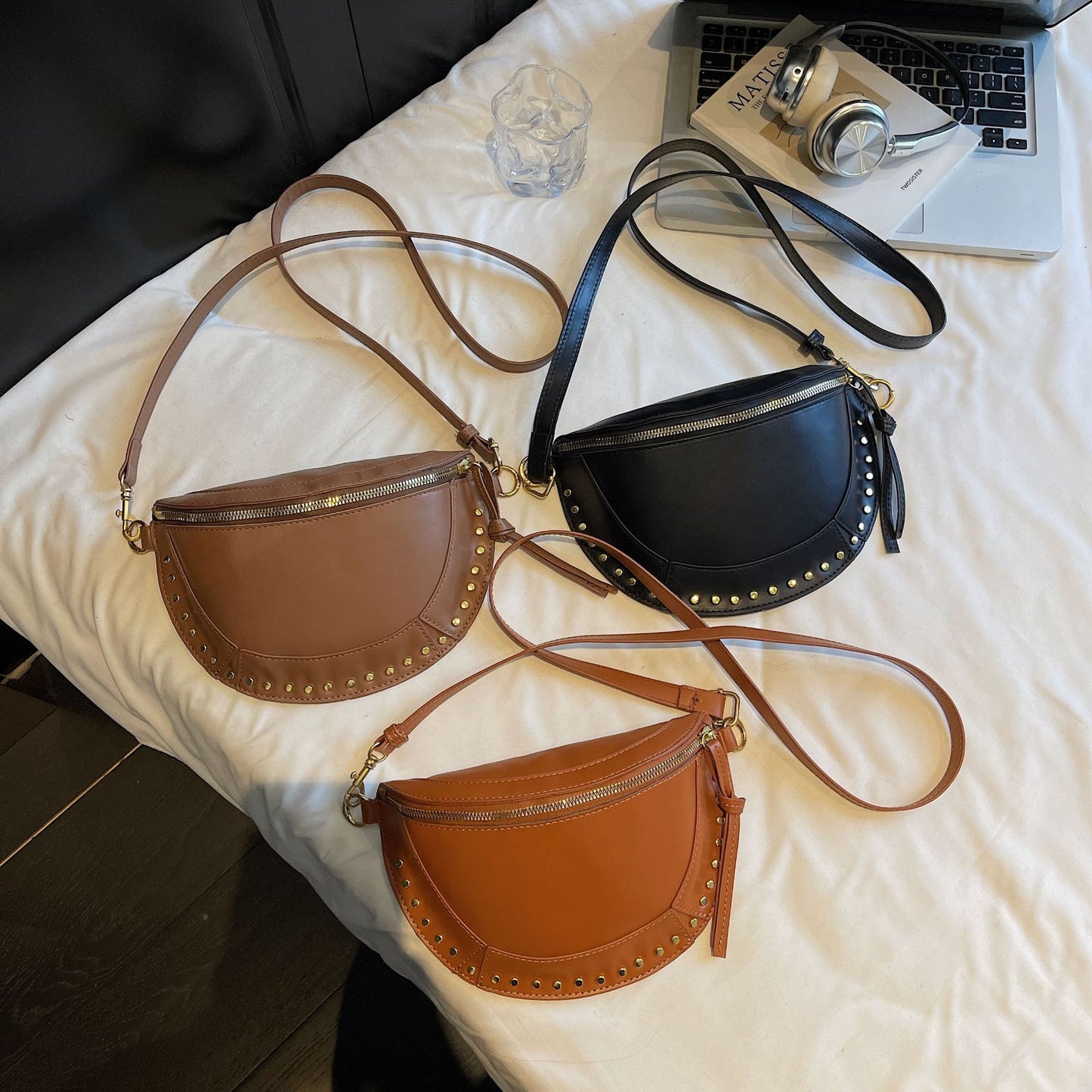 Retro Half Moon Studded Vagen Leather Crossbody Bag