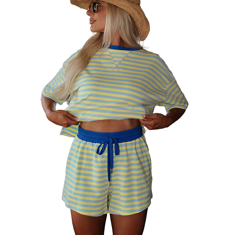 Stripe Drop Shoulder Boxy Casual Terry Short Set