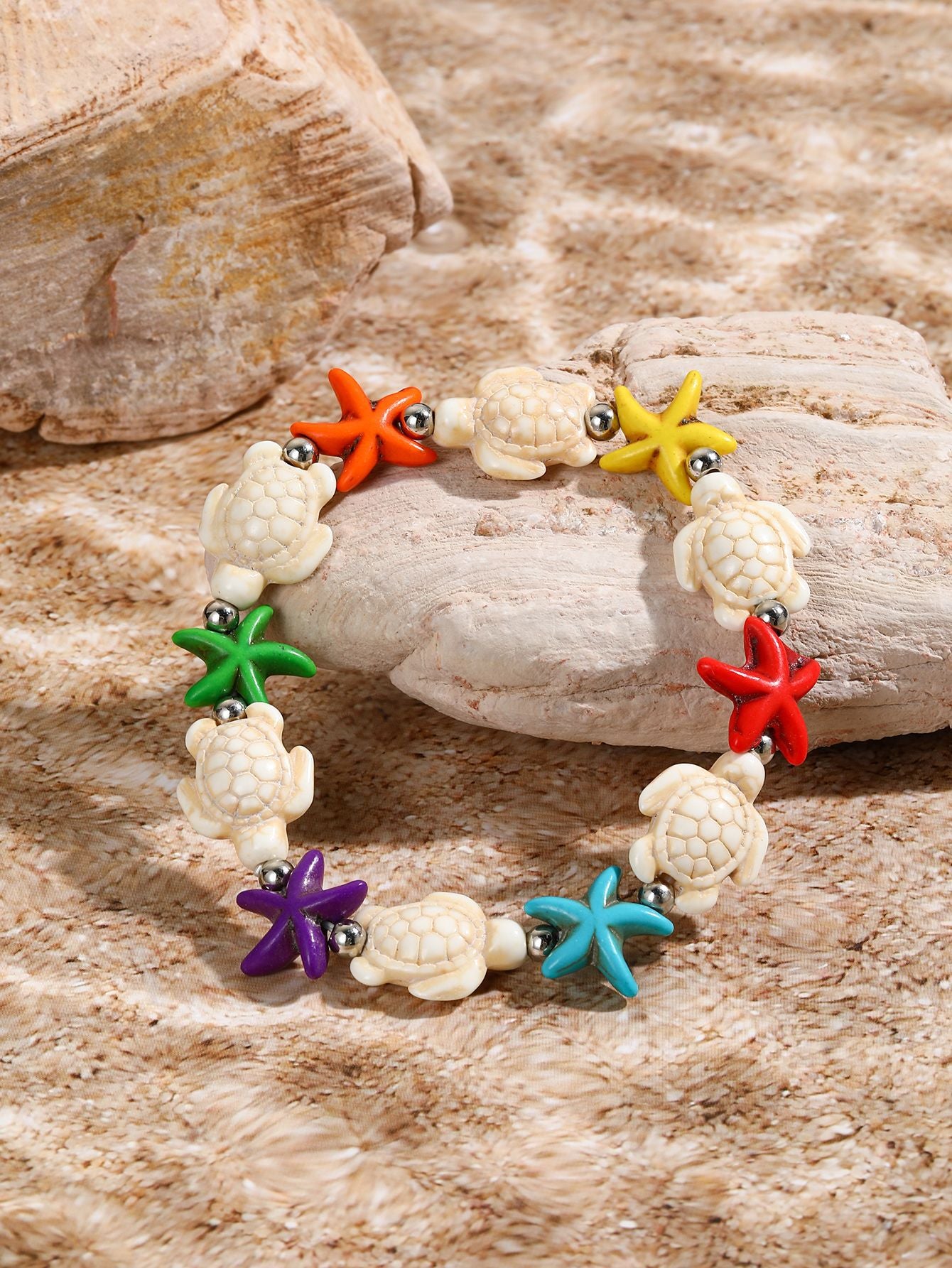 Marine Style Starfish Shell Turquoise Shell Beaded Chain Stretch Bracelets