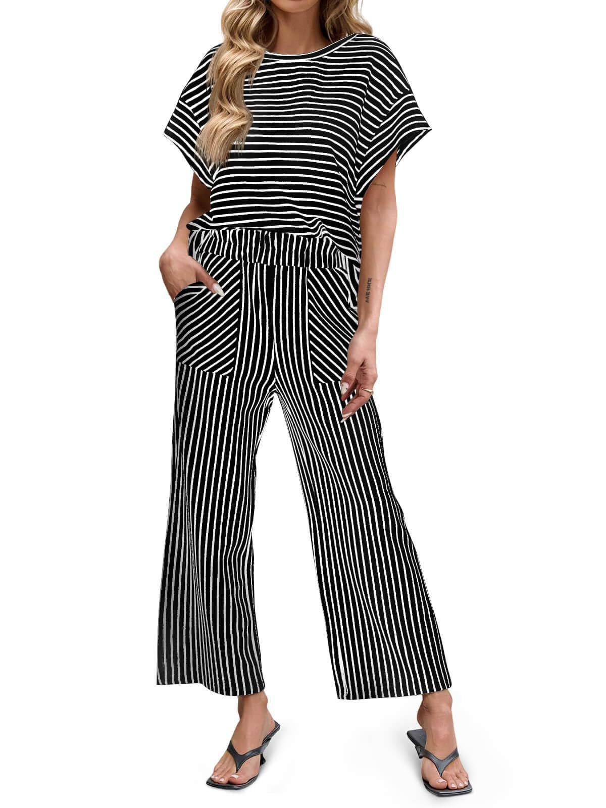 Stripe Round Neck Tee and Pant Set