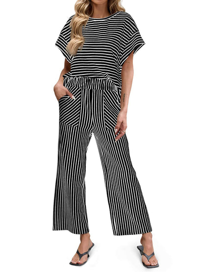Stripe Round Neck Tee and Pant Set