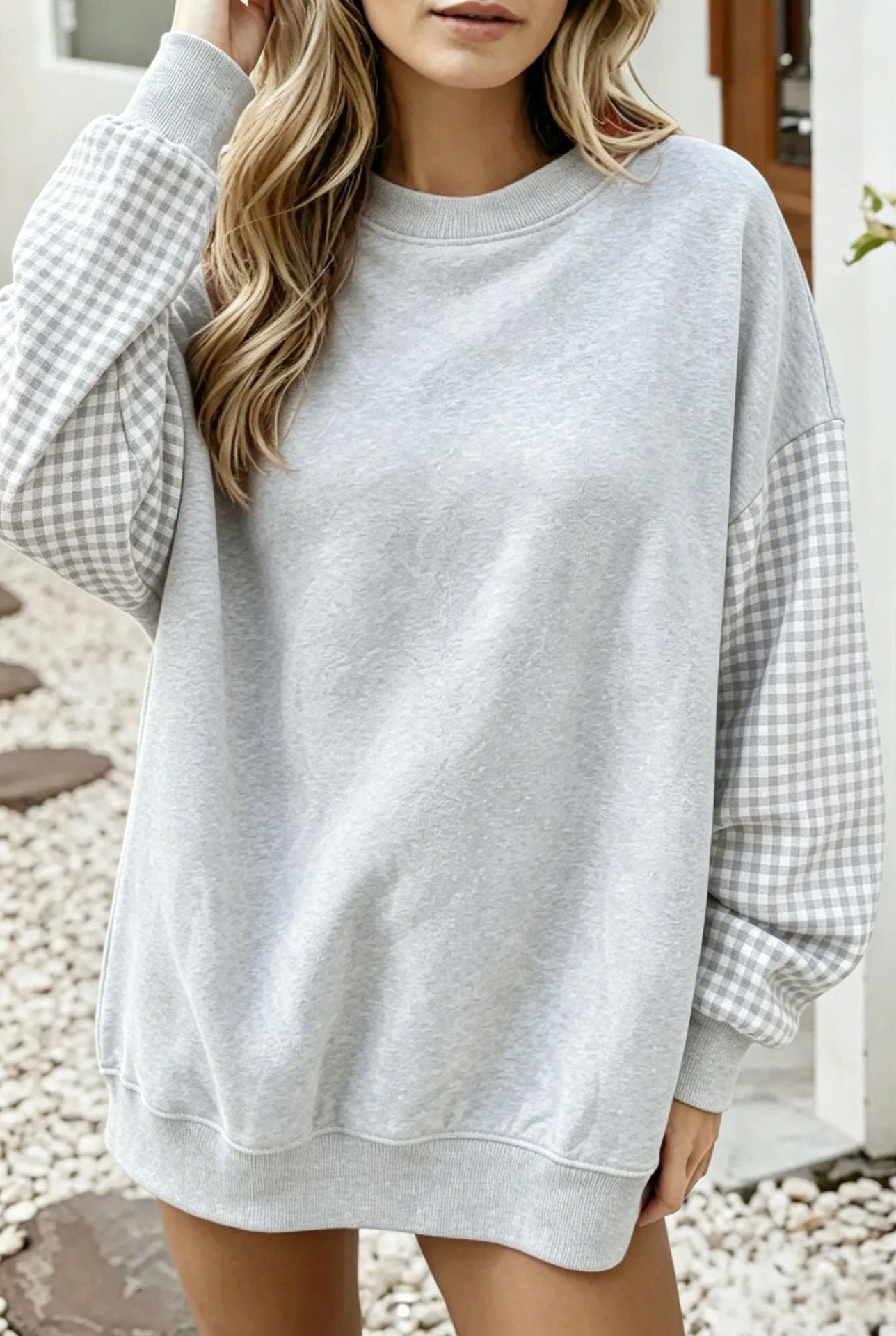 Oversized Gingham Colorblock Long Sleeve Sweatshirt