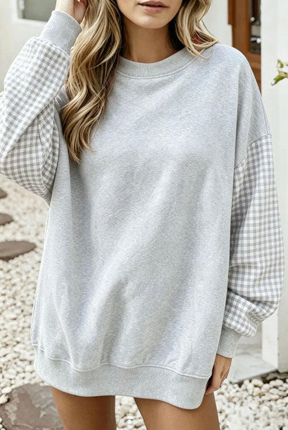 Oversized Gingham Colorblock Long Sleeve Sweatshirt