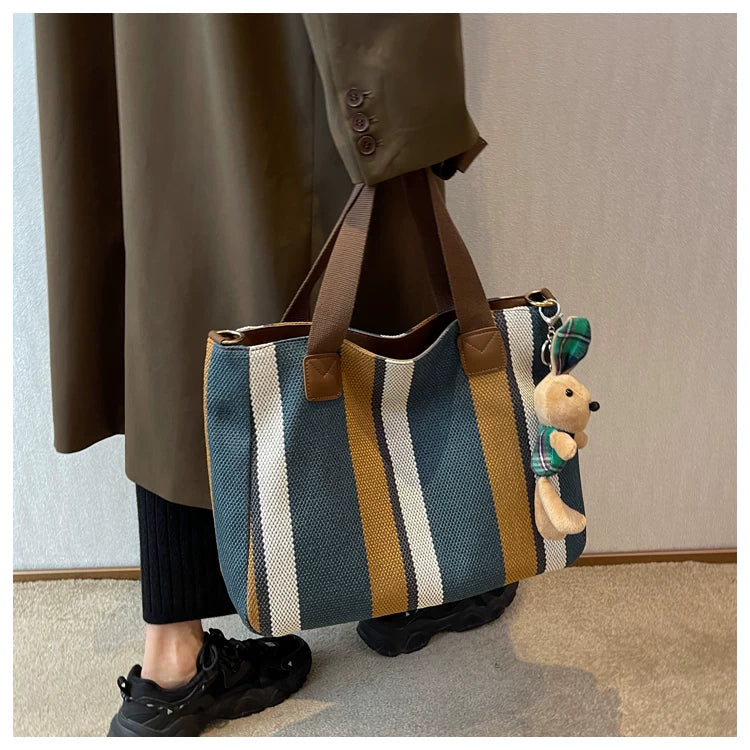 Canvas Striped Convertible Tote Bag