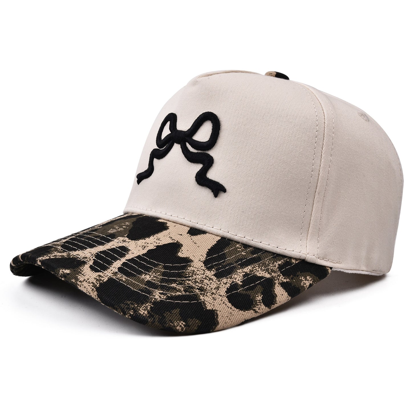 Leopard Print Canvas Hat with Embroidery Bow