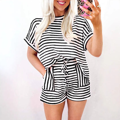 Stripe Knitted Short Sleeve Top and Drawstring Shorts Set