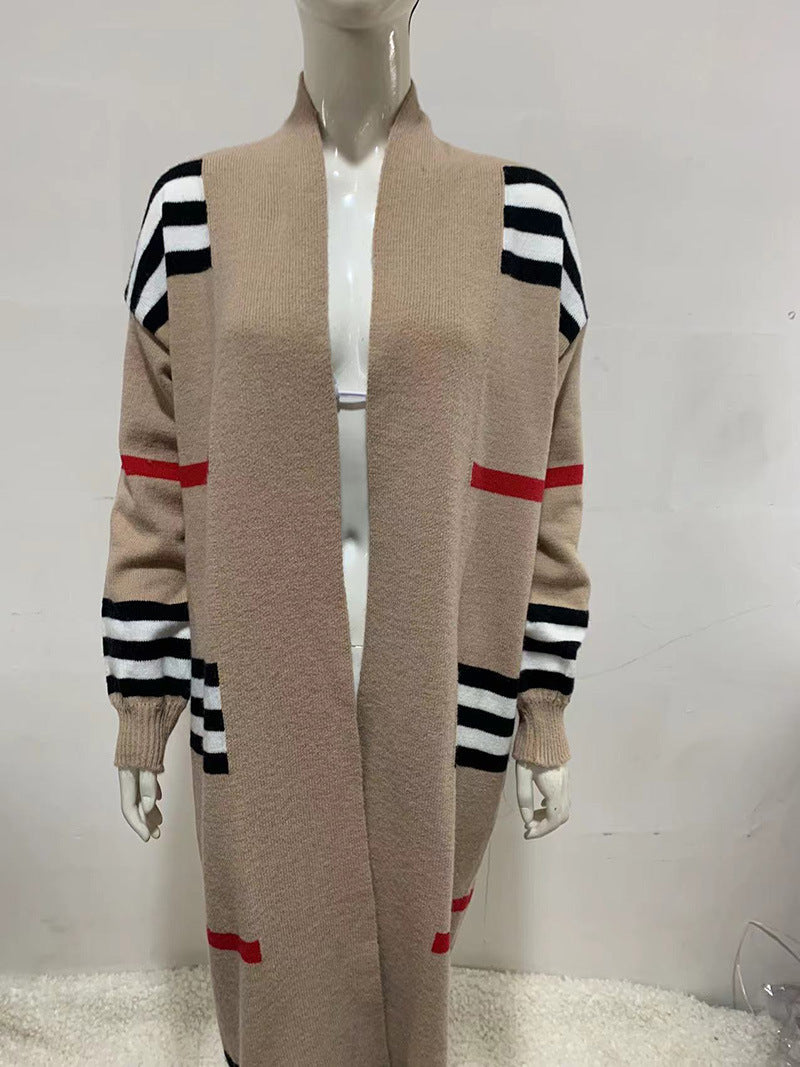 Striped Open Front Longline Sweater Cardigan