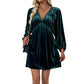 Women's Lantern Sleeves Pleated Deep V Neck Velvet Dress