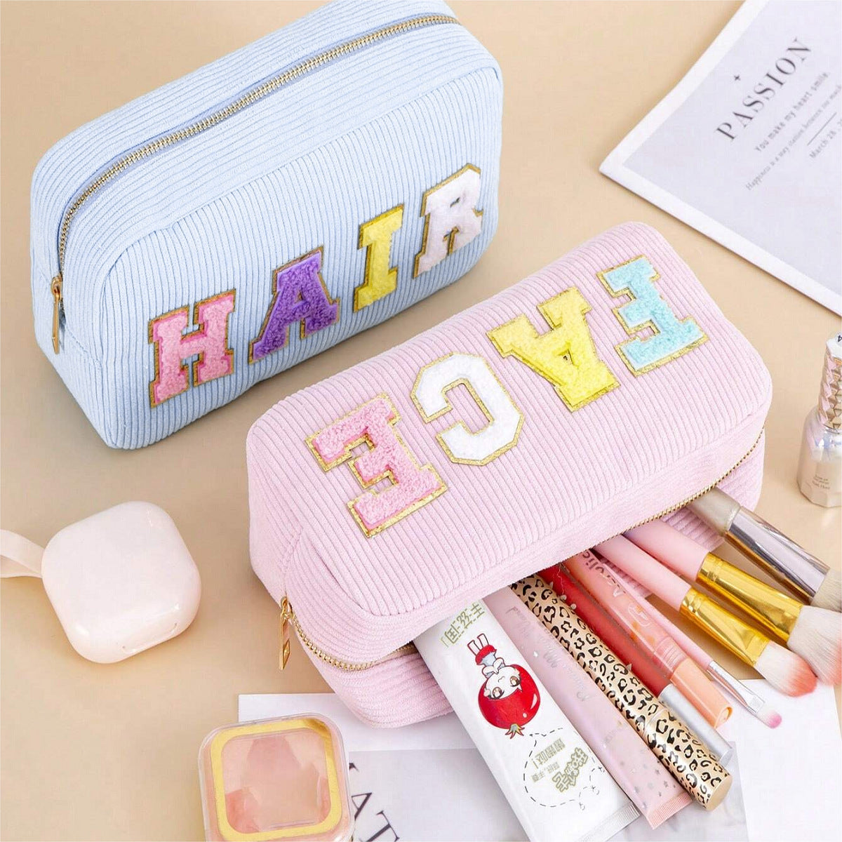 Corduroy Cosmetic Bag with Embroidered Letters