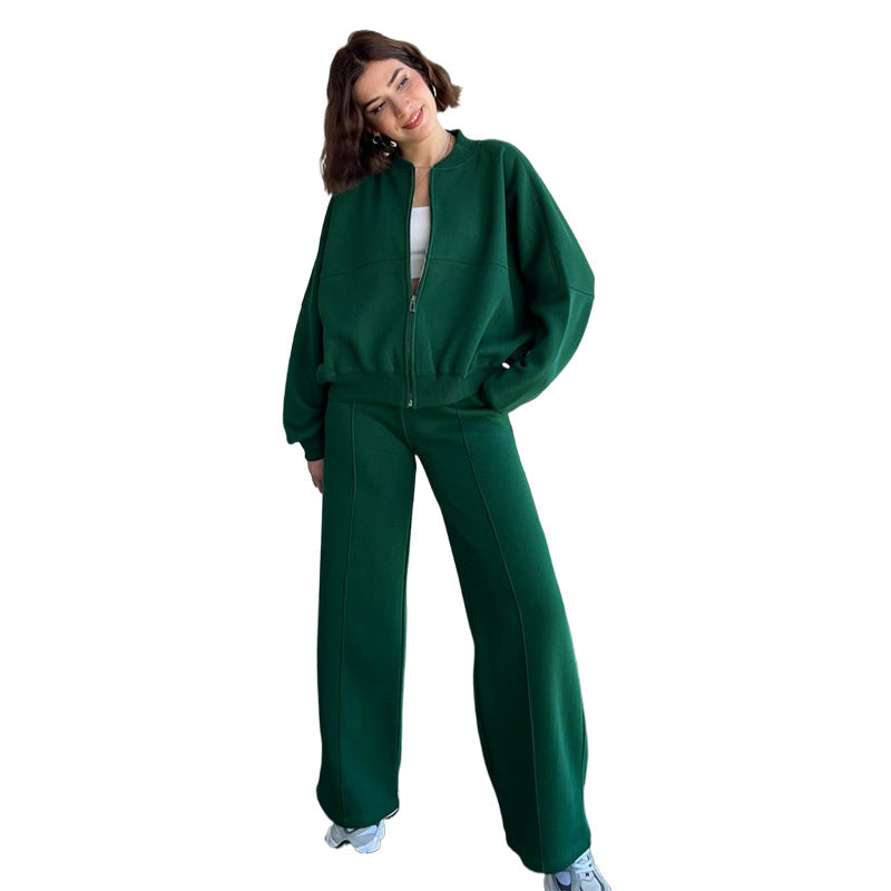 Women's Zippered Cardigan Sweatshirt and Straight Pants Suit