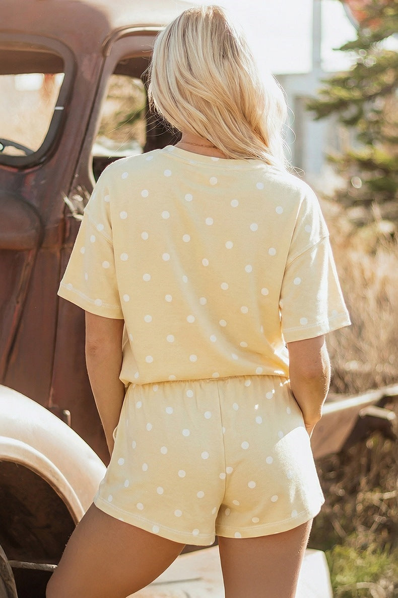 Polka Dot Short Sleeve Loose Top Drawstring Shorts Set