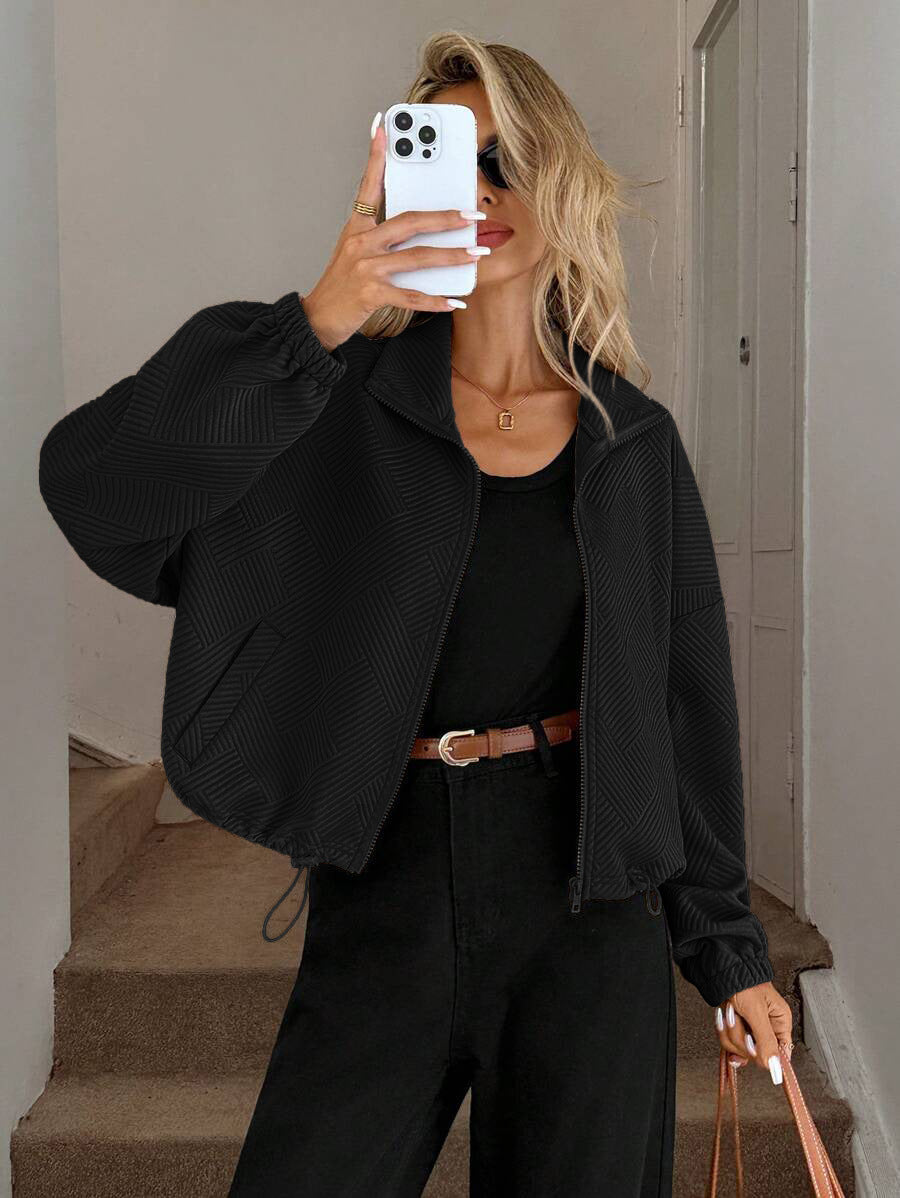 Chic Geometric Textured Zip Up Jacket
