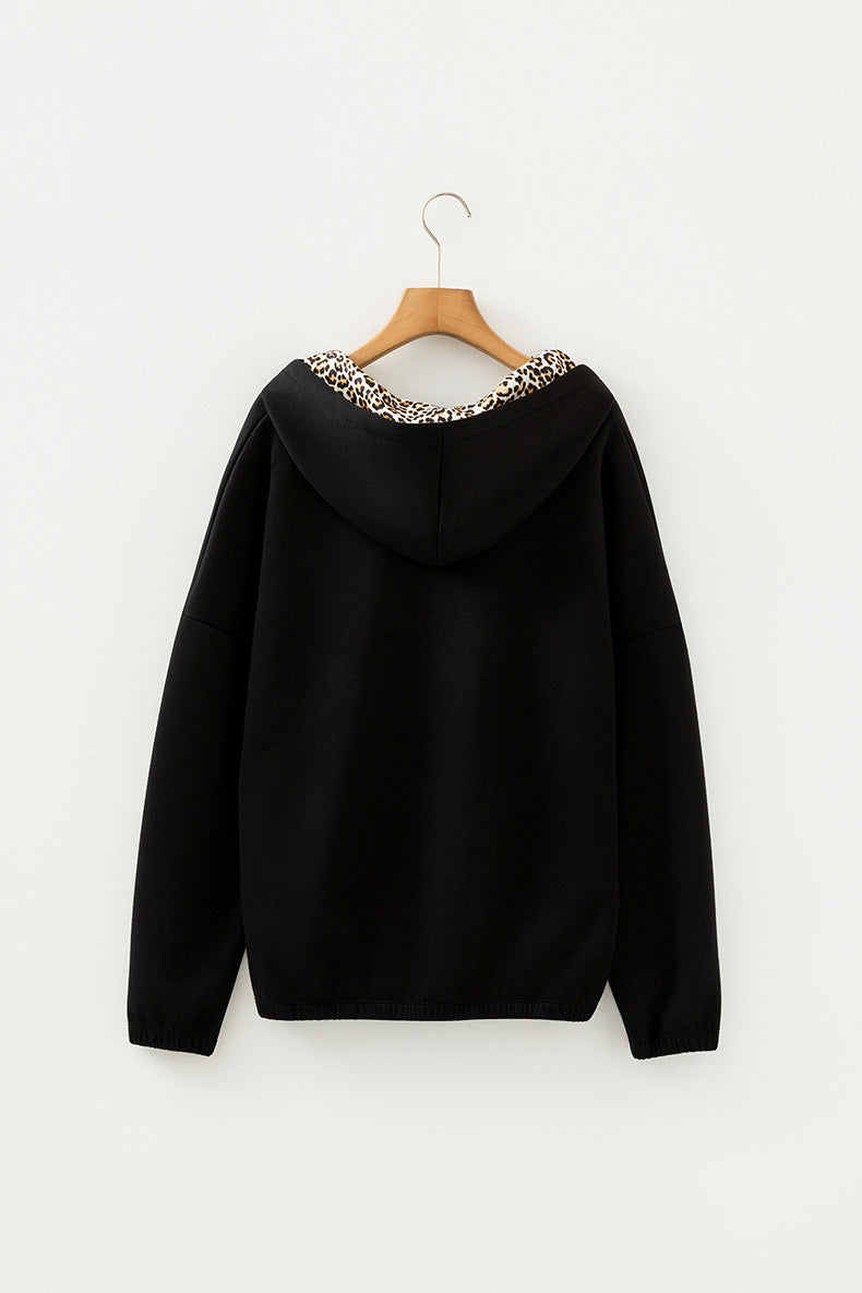 Elastic Cuffs Leopard Contrast Drawstring Hoodie