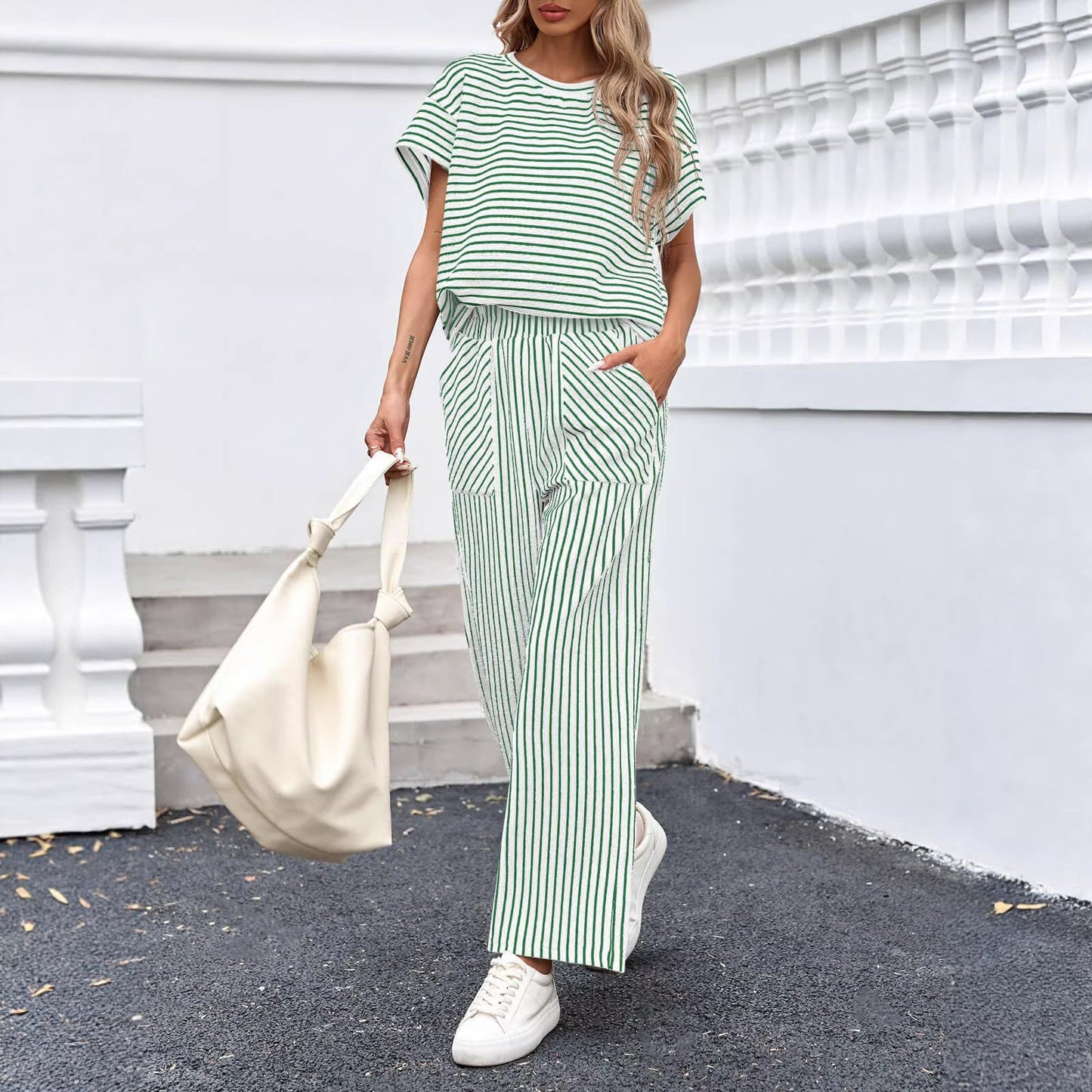 Stripe Round Neck Tee and Pant Set