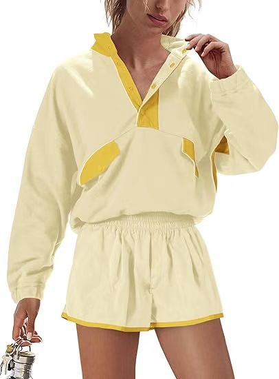 Contrast Color Stitching Long-sleeved Top and Shorts Set(moq2）