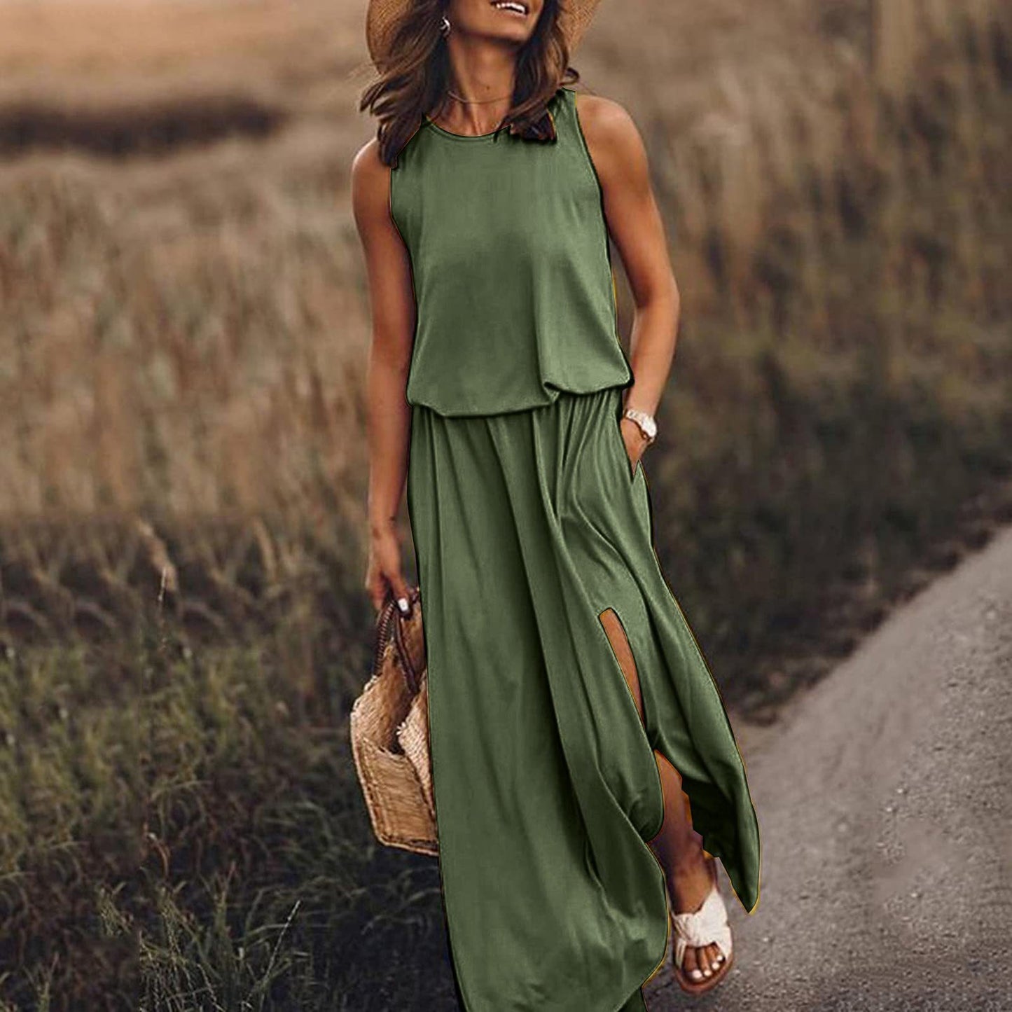 Round Neck Sleeveless Slit Dress