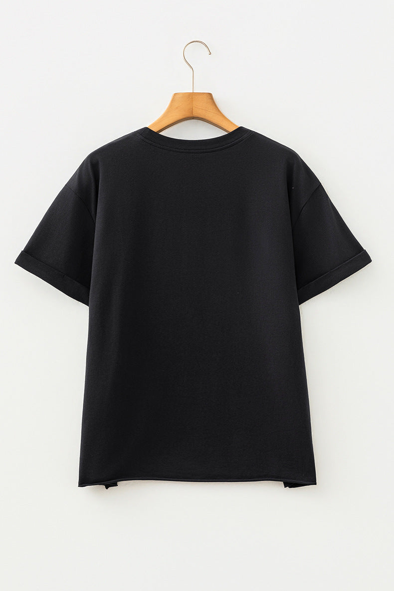 Black Game Day Camo Letter Print Round Neck Casual T Shirt