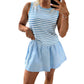 Sky Blue Stripe Slim Tank Contrast Ruffle Mini Skort Set