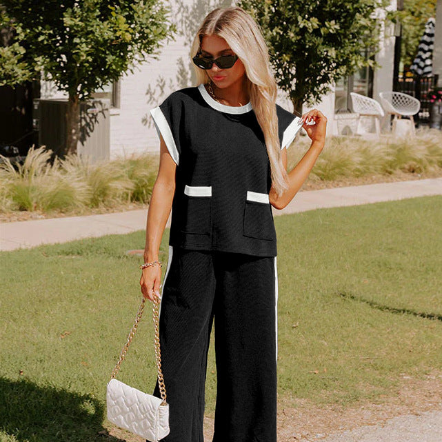 Color Block Pocketed T Shirt and Wide Leg Pants Set