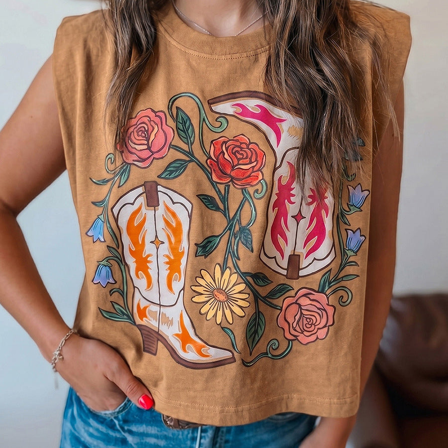Camel Western Boots Flower Printed Sleeveless Loose Tank Top