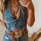 Western Button V Neck Denim Vest Top