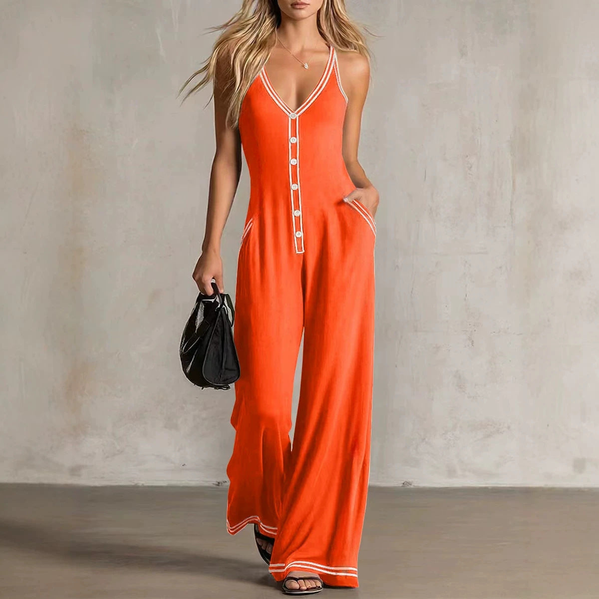 Women's V-Neck Backless Wide-Leg Jumpsuit