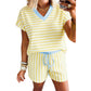 Stripe Colorblock Trim V Neck Tee Drawstring Elastic Waist Short Set