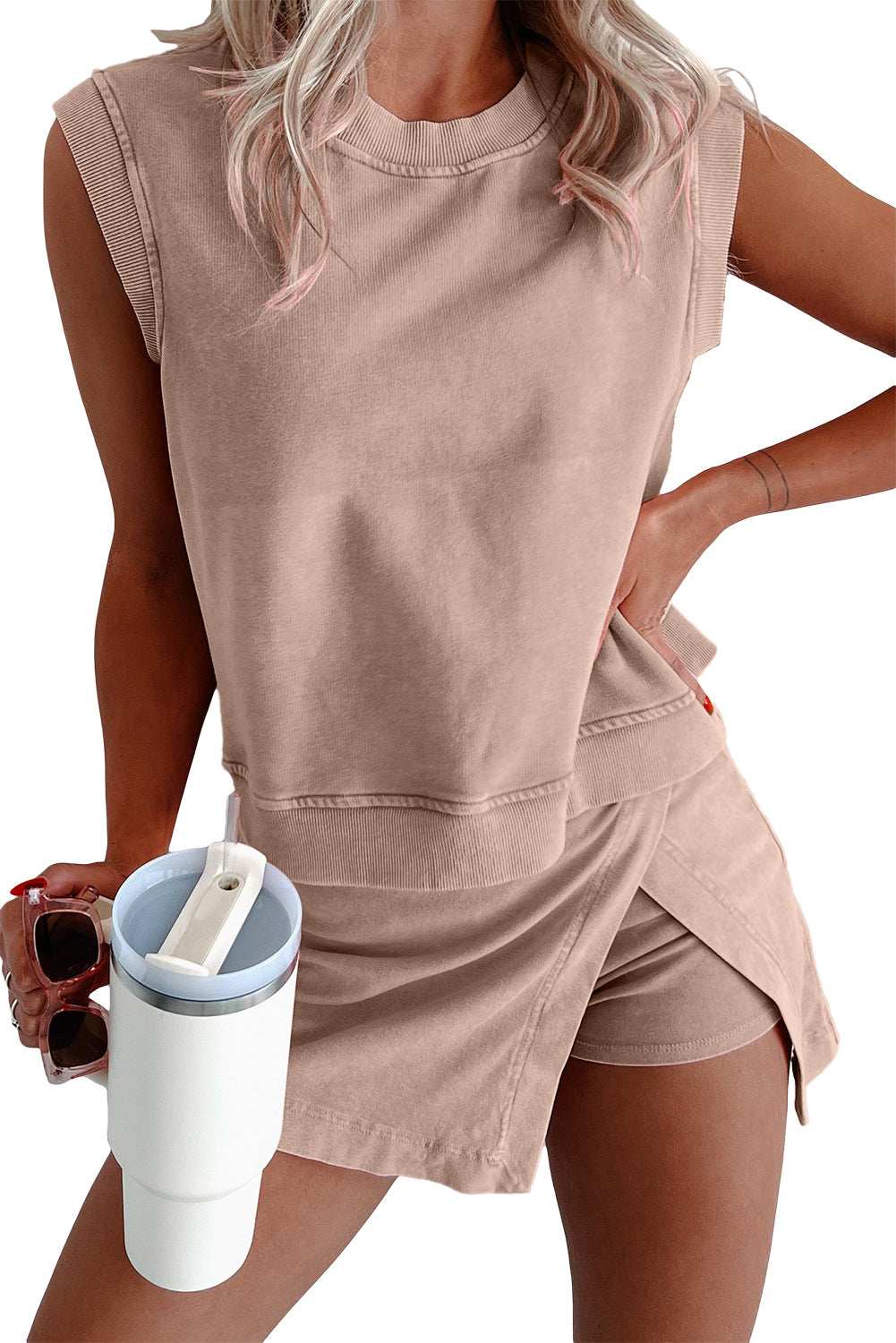 Two Pieces Mineral Wash Cotton Tank Top Lined Split Athletic Skirt Set