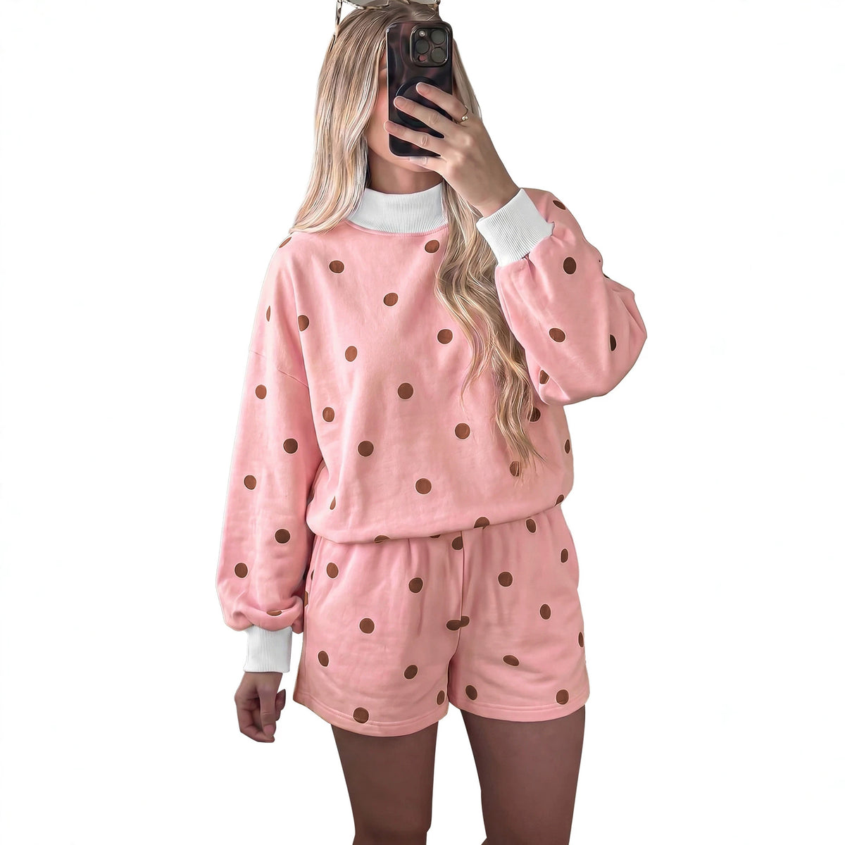 Pink Polka Dot Ribbed Trim Long Sleeve Top Casual Short Set