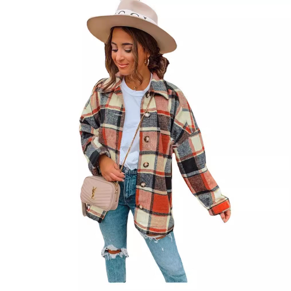 Long-sleeved Lapel Loose-fitting Women's Plaid Shirt