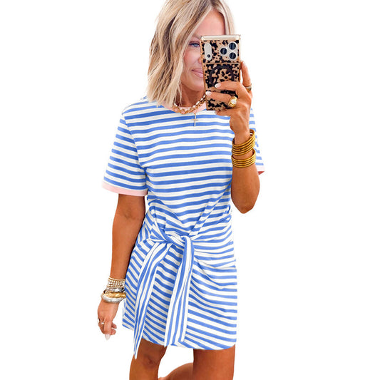 Nautical Tie Contrast Trim Round Neck T Shirt Mini Dress