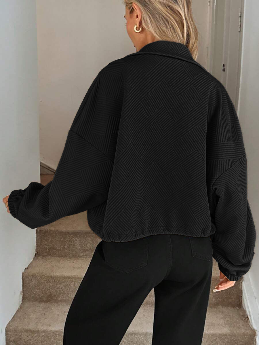 Chic Geometric Textured Zip Up Jacket
