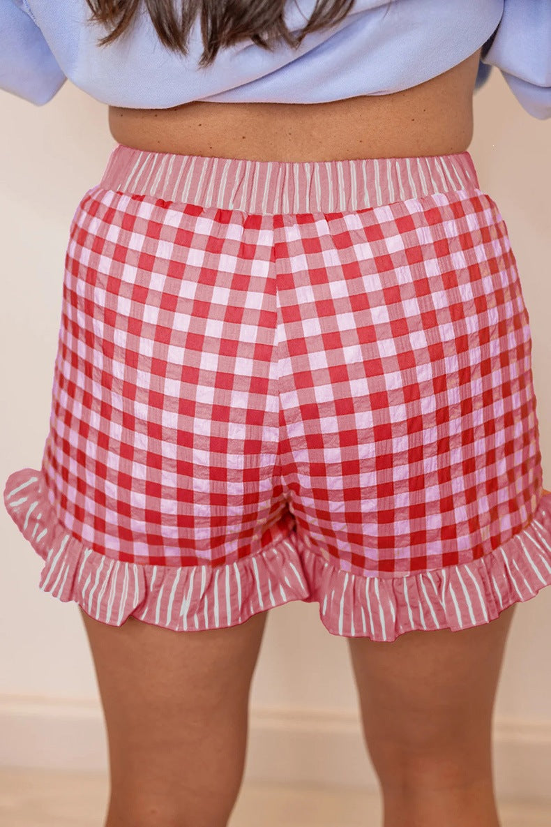 Gingham Print Ruffle Striped Detail Lace Tie Shorts