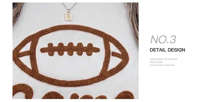 White Embroidered Slogan Game Day Rugby Pattern Crewneck Sweatshirt