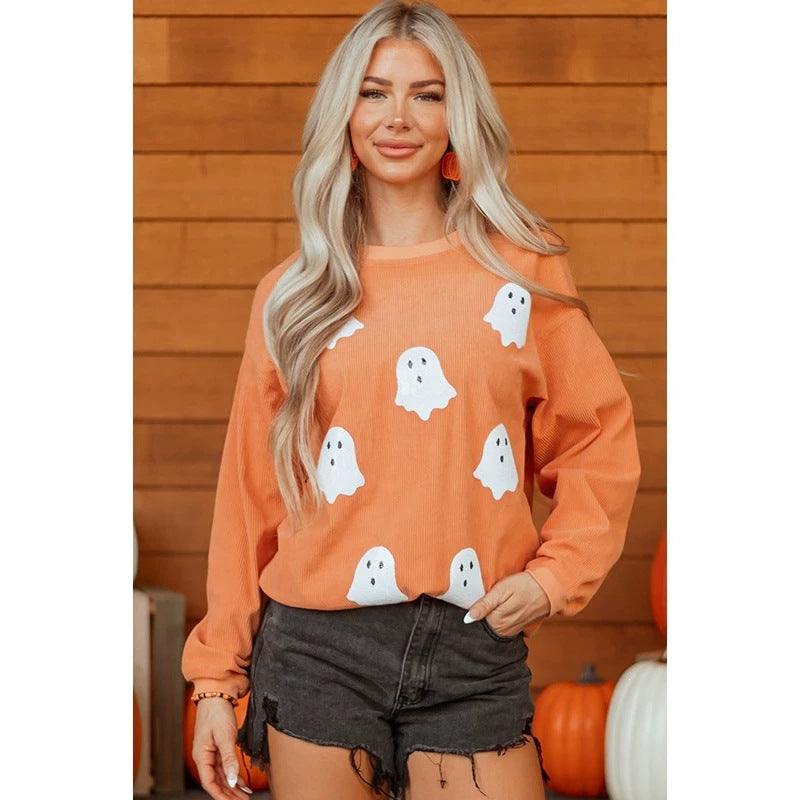 Orange Twisted Ribbed Texture Halloween Ghost Sequin Patched Sweatshirt