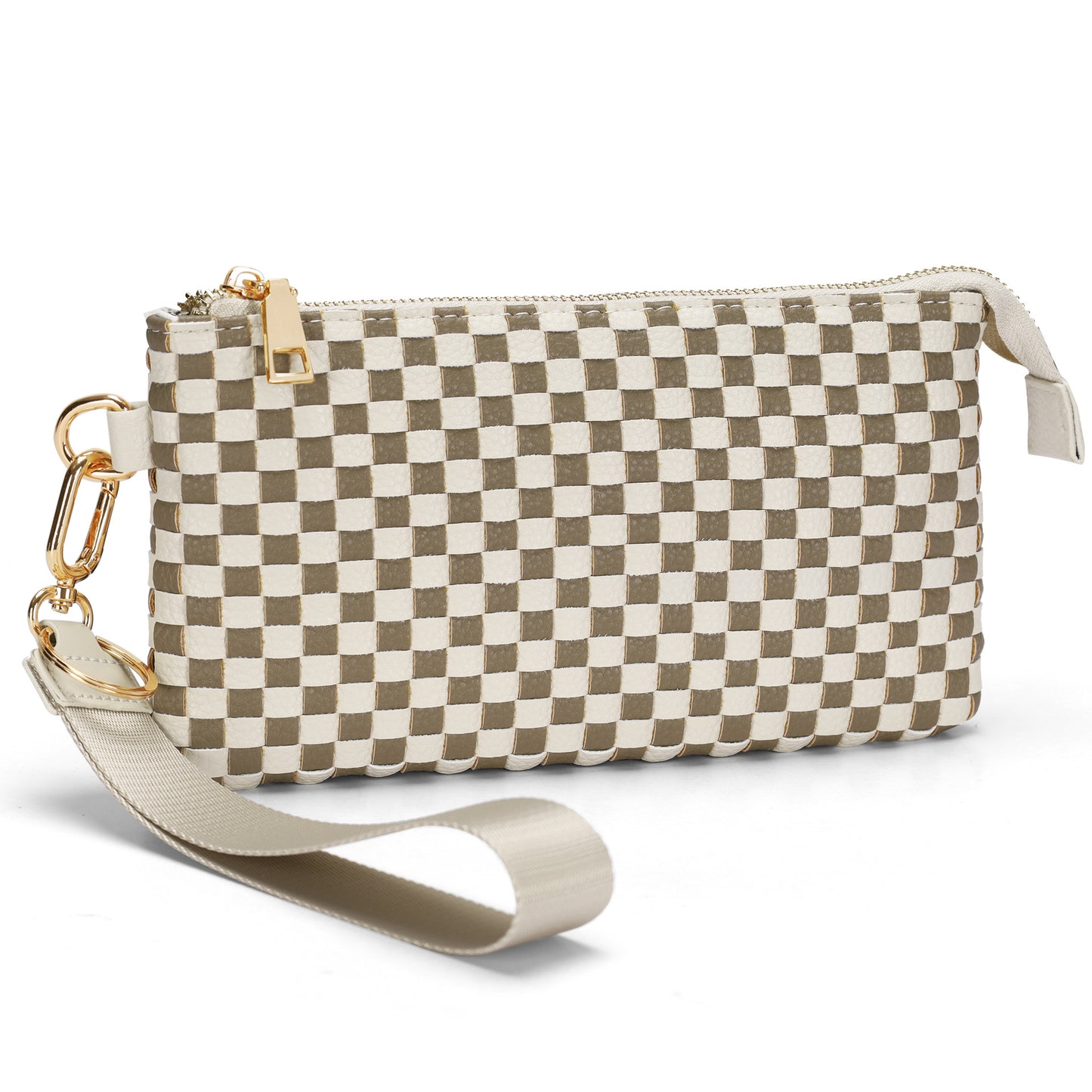 Checkered Woven Clutch Wristlet PU Leather Large Size Patterned Wallet