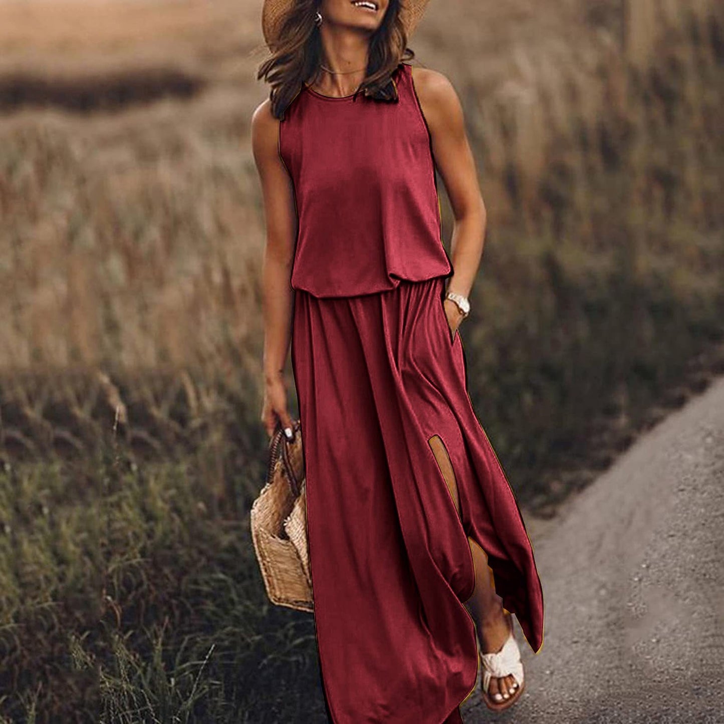 Round Neck Sleeveless Slit Dress