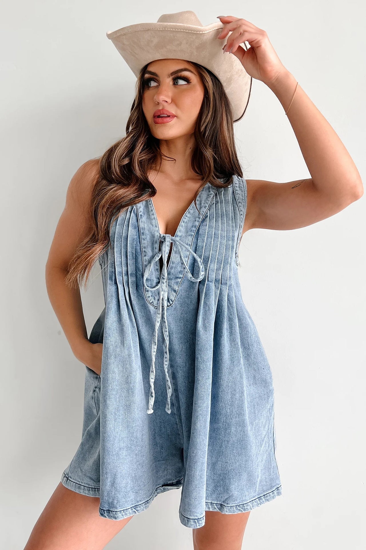 Washed Denim Pleated Romper