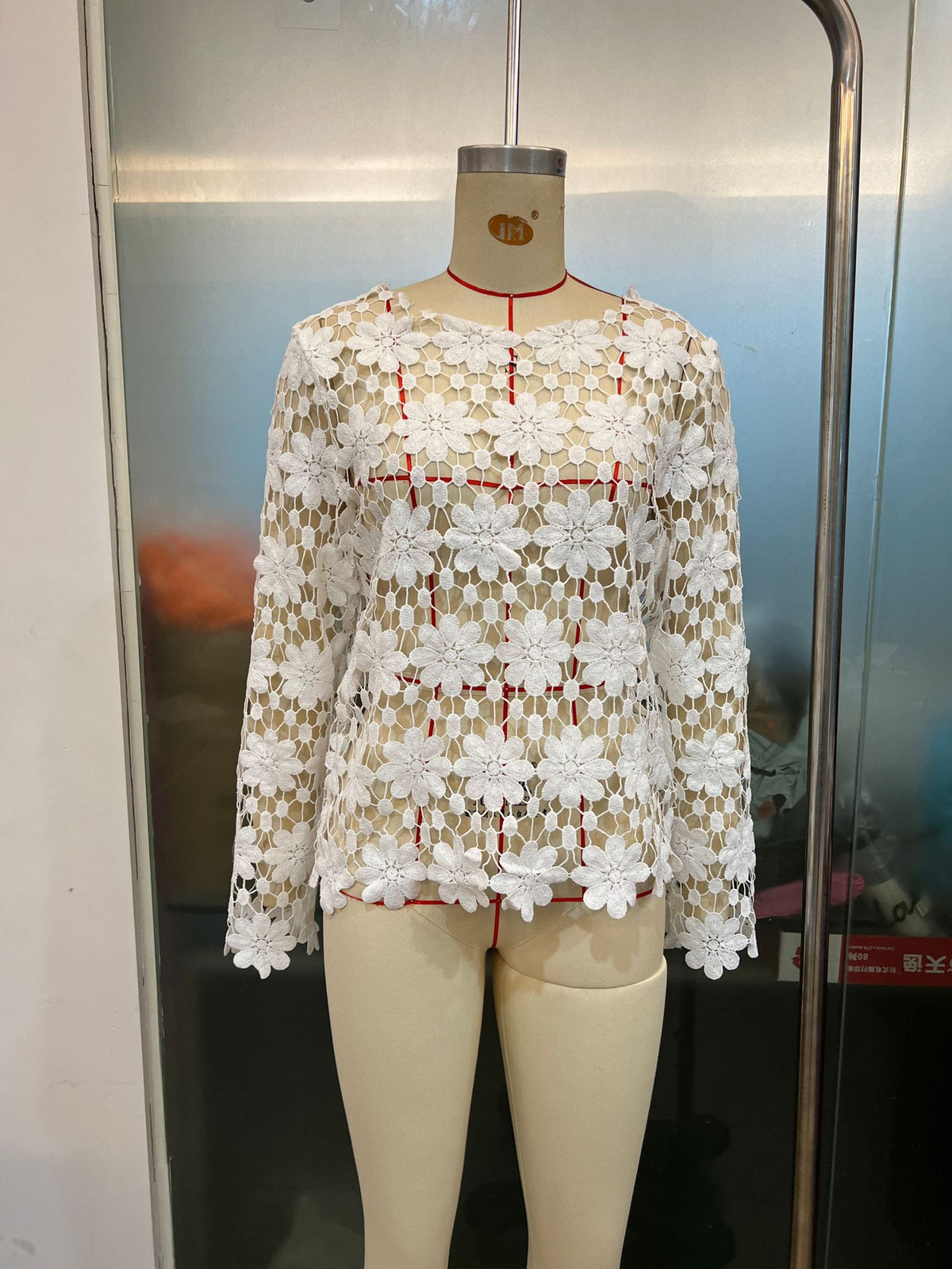 Floral Crochet Cutout Long Sleeve Blouse