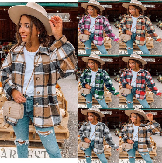 Long-sleeved Lapel Loose-fitting Women's Plaid Shirt