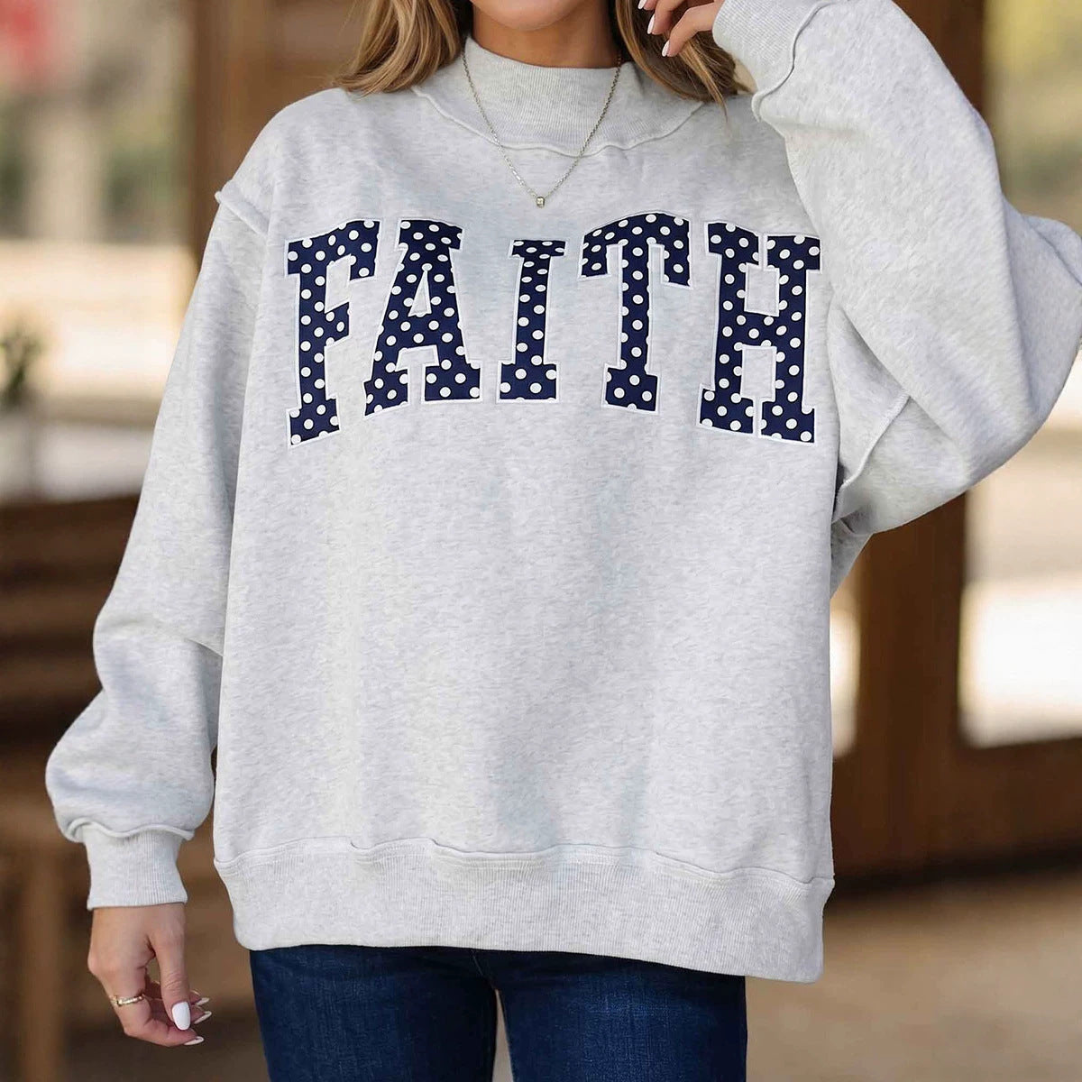 Light Grey High Neck Polka Dot Slogan Printed Baggy Sweatshirt