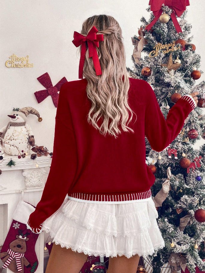 Merry Festive Knit Sweater  Casual Holiday Crewneck Pullover Top