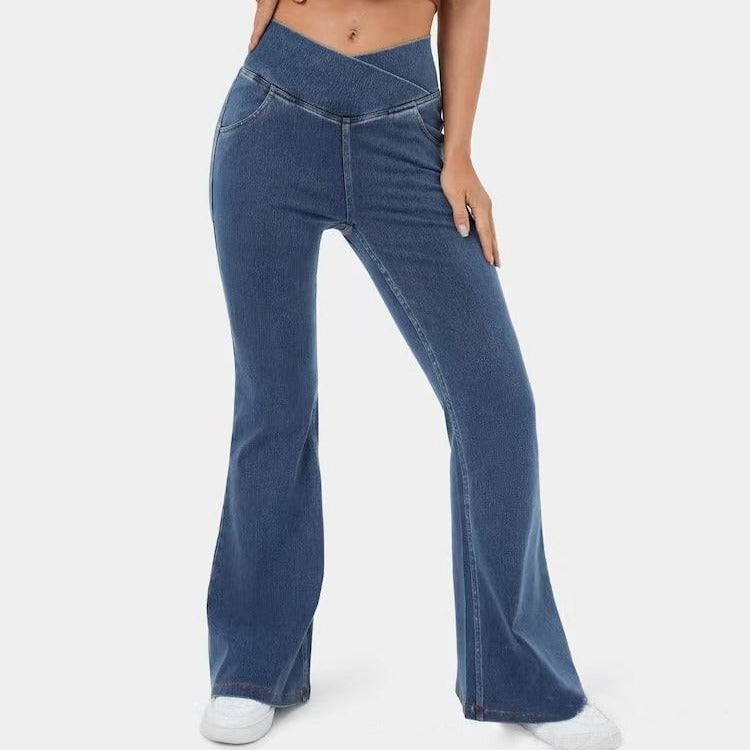 High Waisted Crossover Pocket Flare Jeans