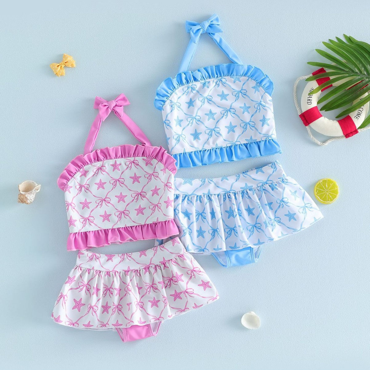 2Pcs Toddler Girl Swimsuit Set Sleeveless Halter Neck