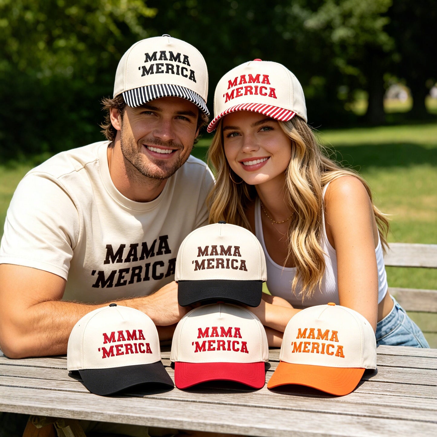 Embroidered "MAMA MERICA" Trucker Hat – Color-Block Structured Baseball Cap