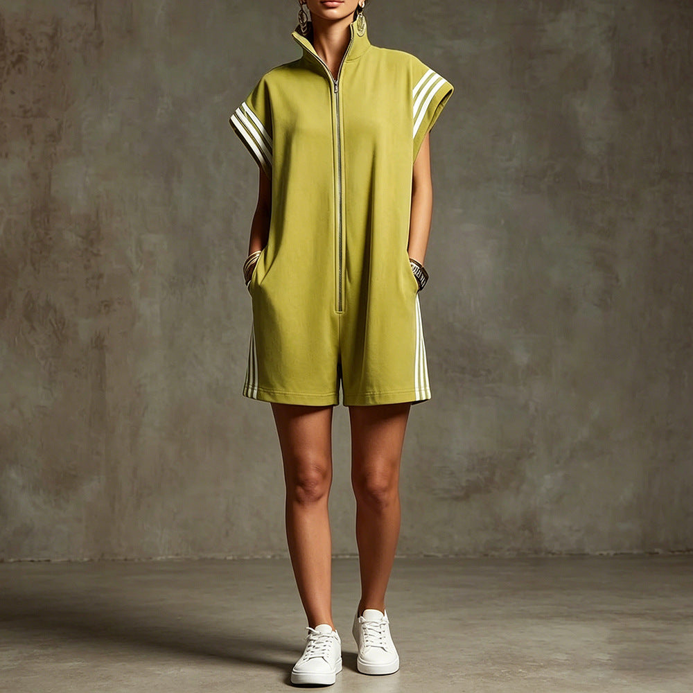 Loose Sleeveless Drawstring Pockets Split-Joint Striped Zipper Stand Collar Rompers