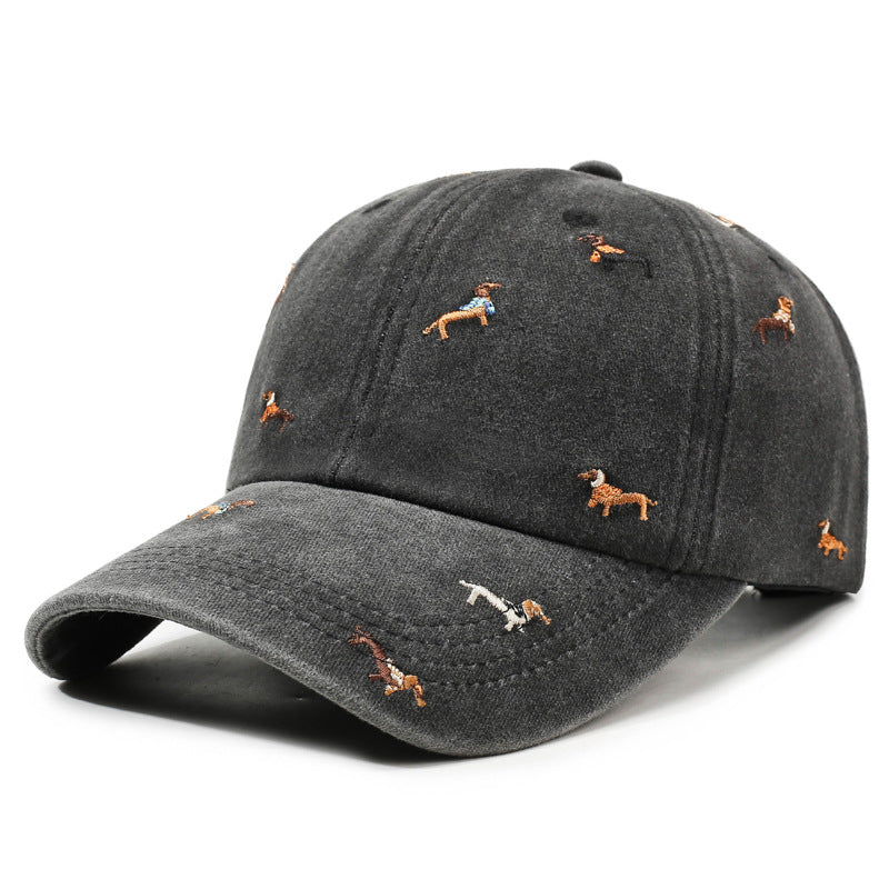 Vintage Distressed Baseball Cap with Puppy Embroidery